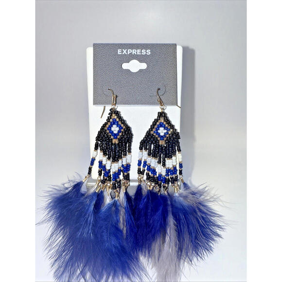 Express Beaded Blue Gray Long Fluffy Feather Dangle Drop Earrings - Picture 1 of 3